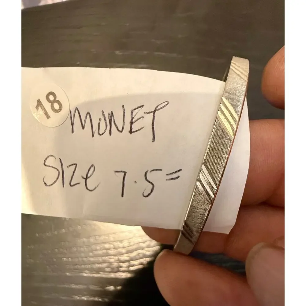 Vintage Signed Monet Silver Tone Etched Bangle Bracelet 7.5“